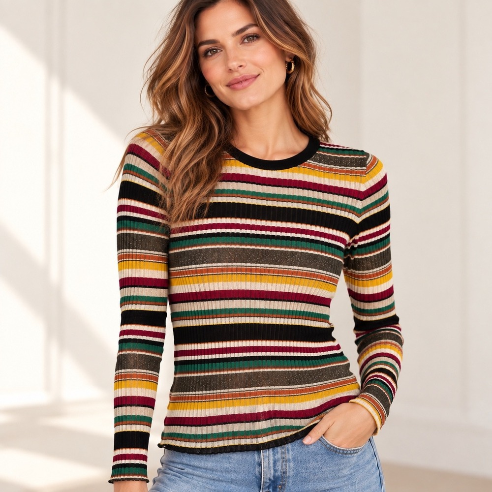 Veronica Beard Kerr Metallic Stripe Ribbed Knit Top Size S Autumn Fall Retro